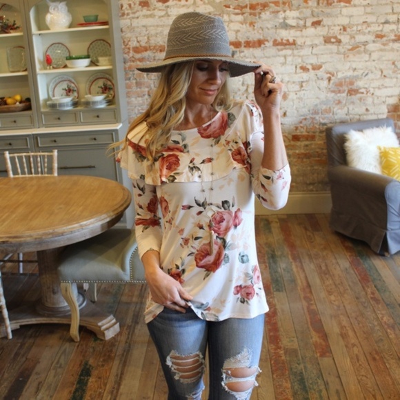 Infinity Raine Tops - Ivory Floral Ruffle Tunic